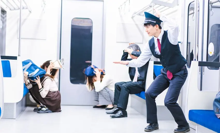 A train conductor is managing an emergency inside a passenger car highlighting railroad worker rights and responsibilities within Texas.