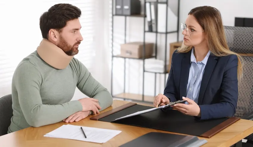 An Injured railroad employee with a neck brace is consulting an attorney about railroad worker rights and compensation claims at Brent Coon & Associates in Texas.